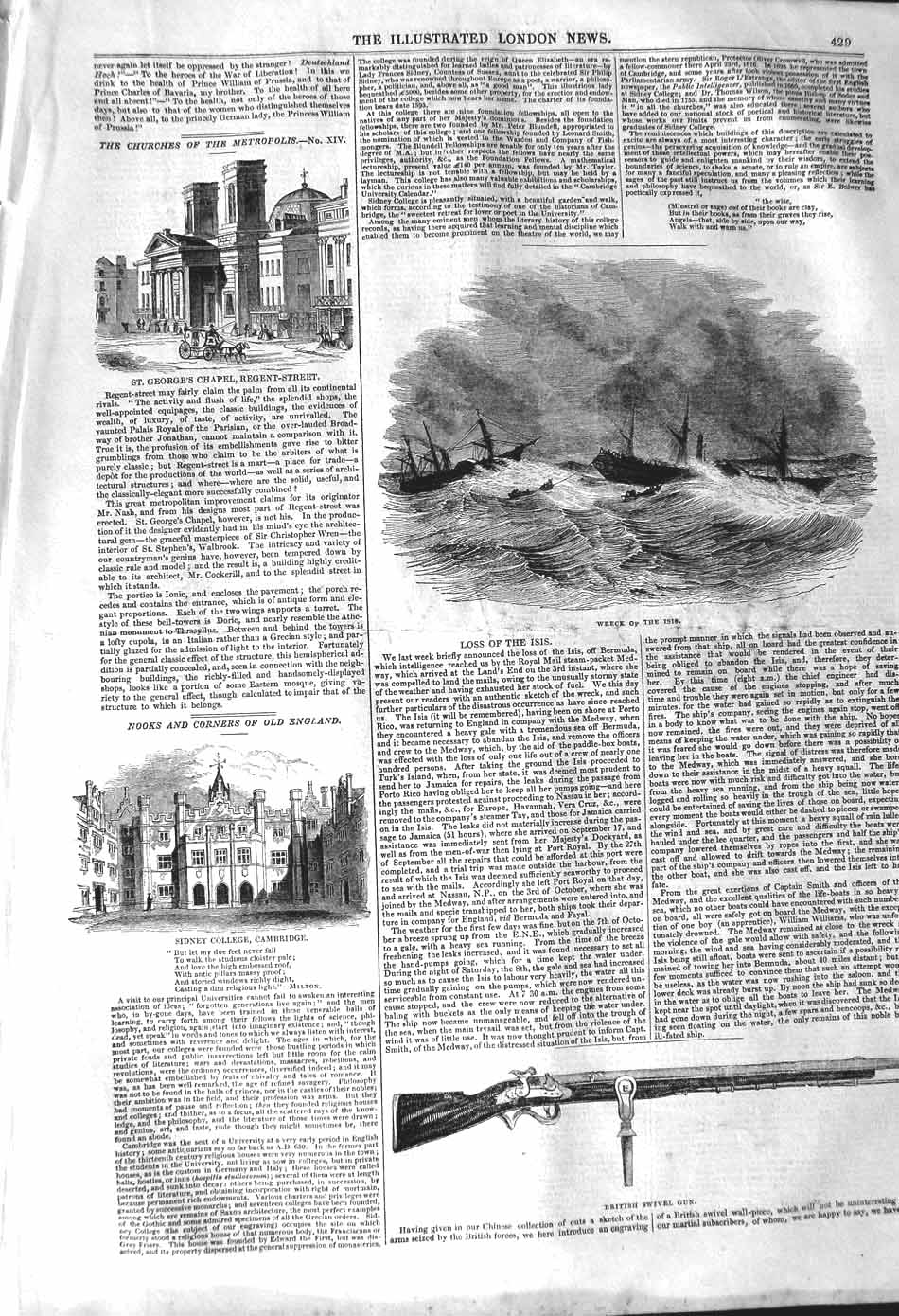 Old Antique Print 1842 George'S Chapel Ship Wreck Isis Swivel Gun College 19th