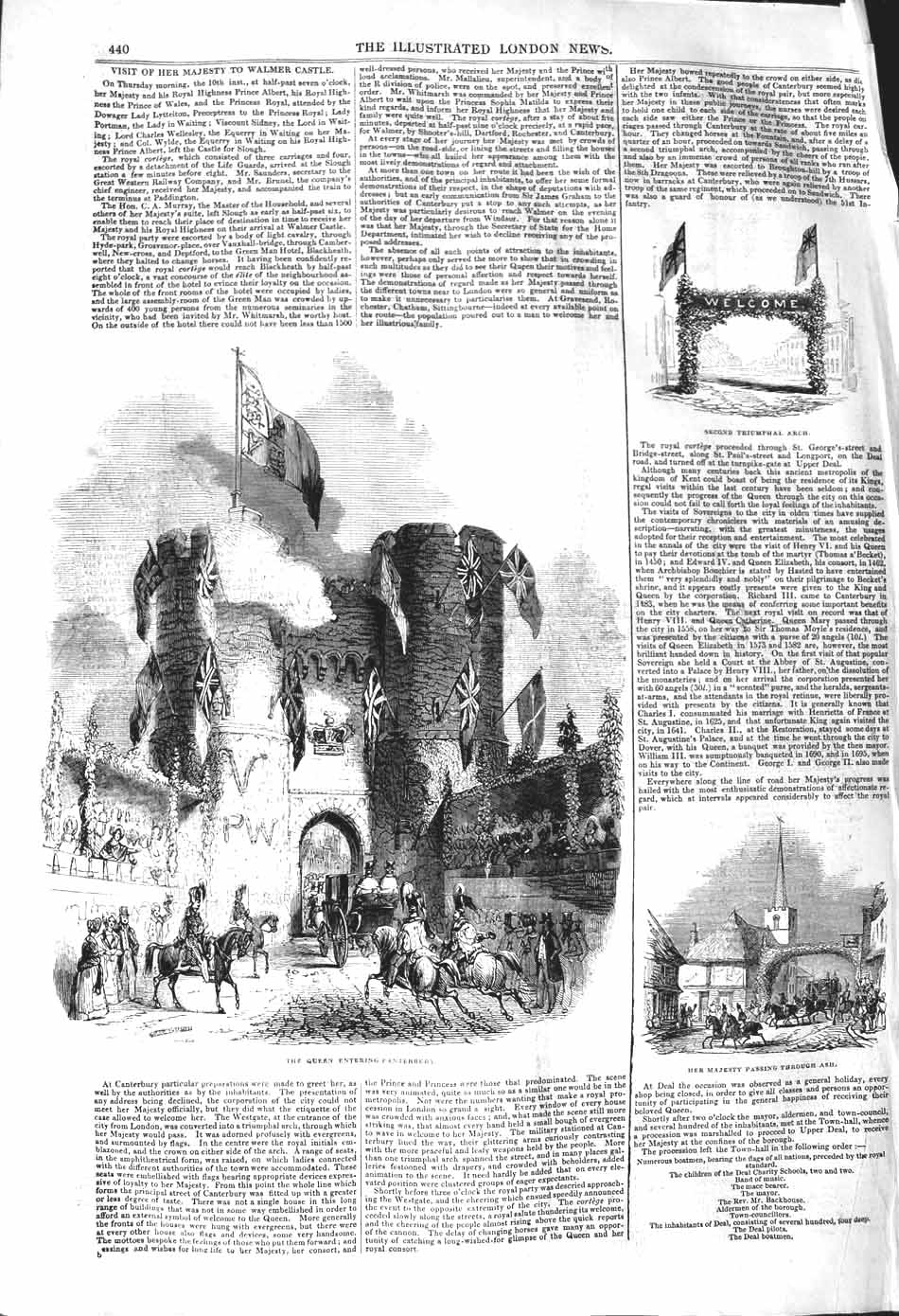 Original Old Antique Print 1842 Queen Entering Canterbury Triumphal Arch Ash