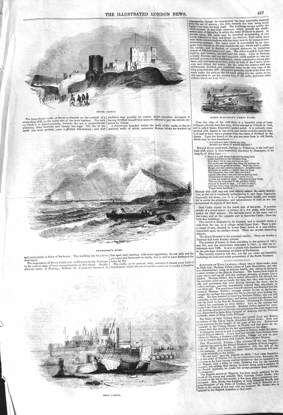 Old Antique Print 1842 Dover Castle Shakspere Cliff Deal Queen Elizabeth 19th