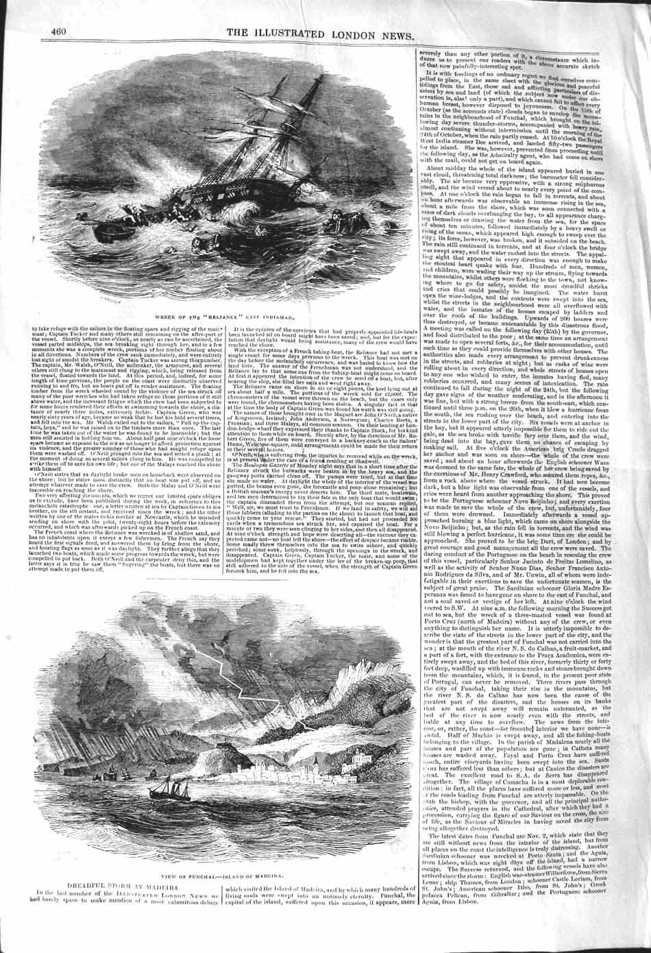 Original Old Antique Print 1842 Ship Wreck Reliance Indiaman Funchal Madeira