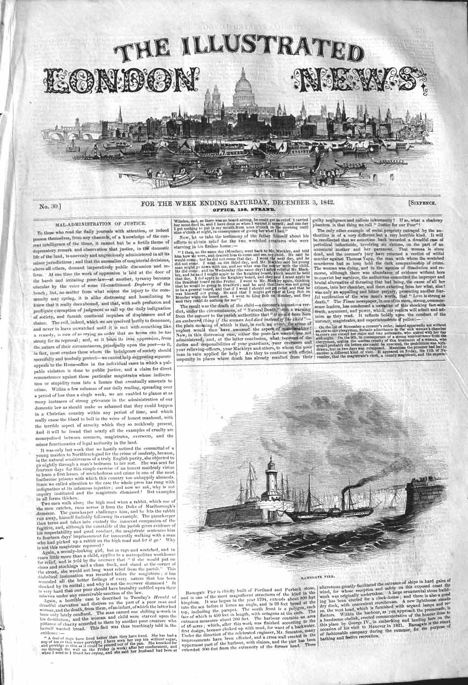 Original Old Antique Print 1842 View Ramsgate Pier Ships Lighthouse Victorian