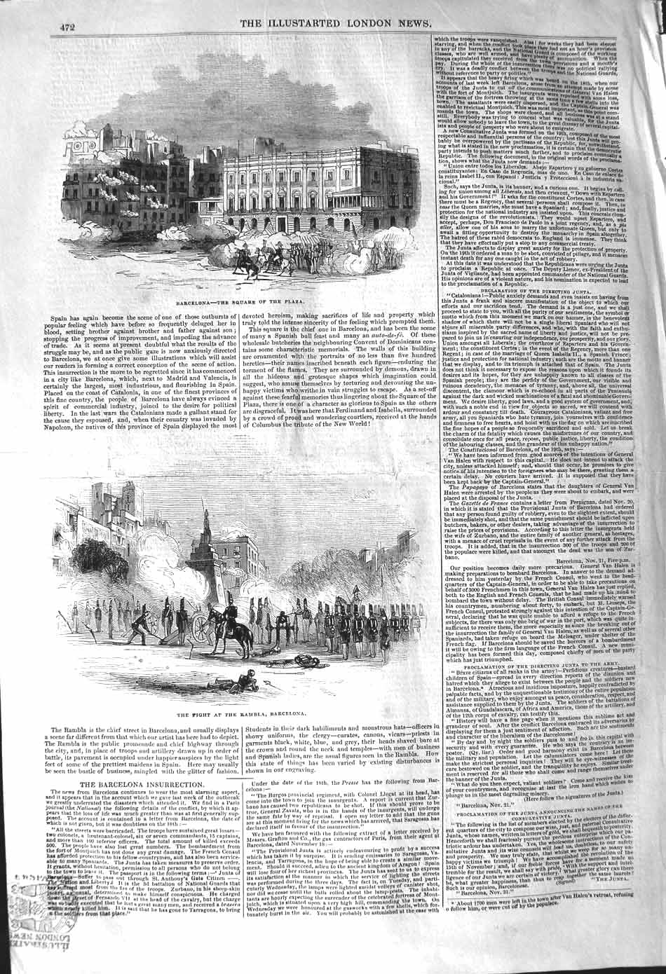 Original Old Antique Print 1842 Barcelona Square Plaza Battle Army Rambla Spain