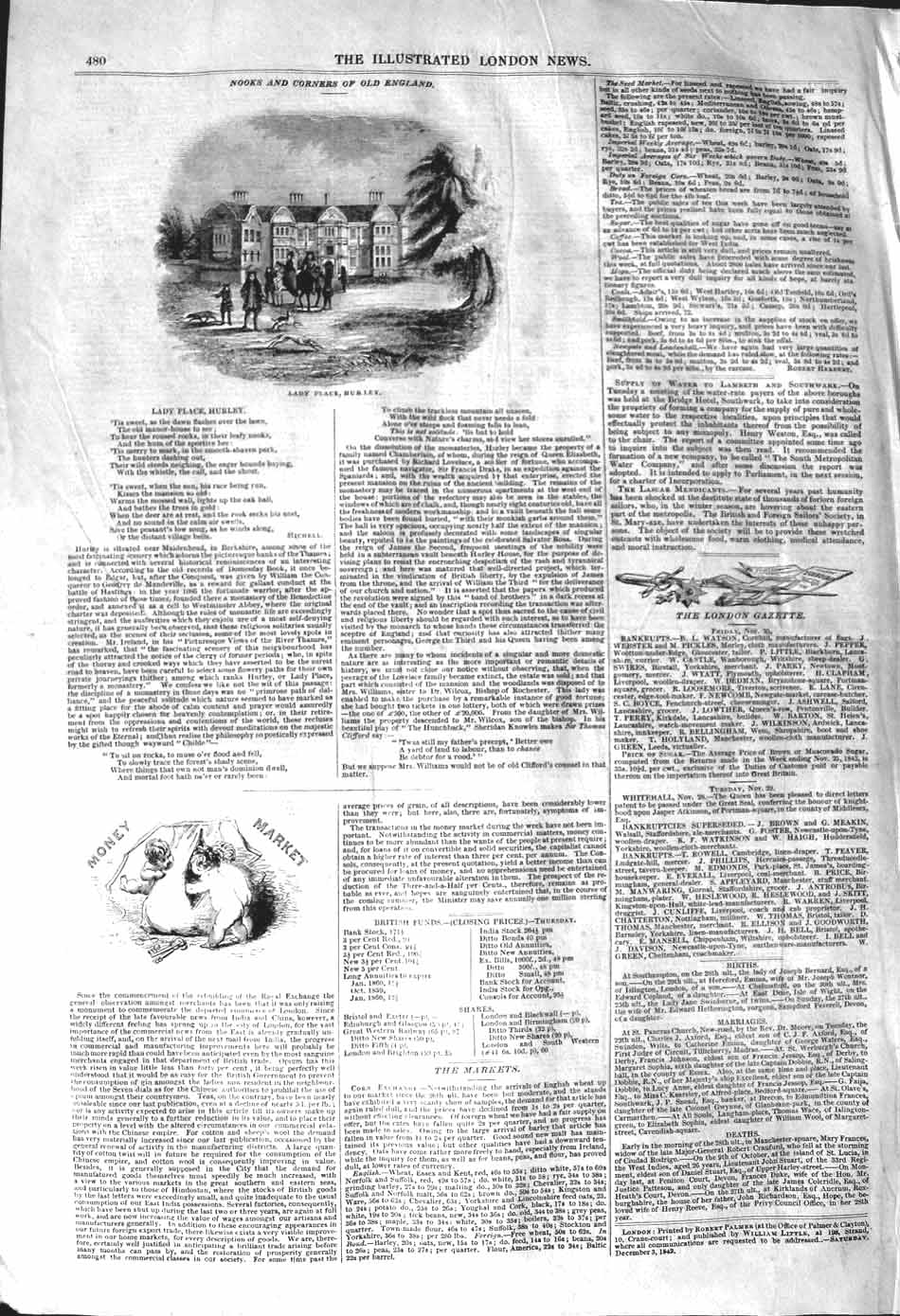 Original Old Antique Print 1842 Architecture Lady Place Hurley Money Market