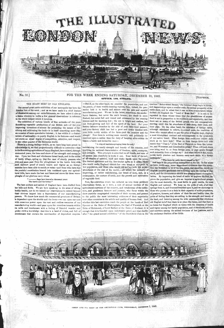 Original Old Antique Print 1842 Sheep Pig Show Smithfield Club Show Animals