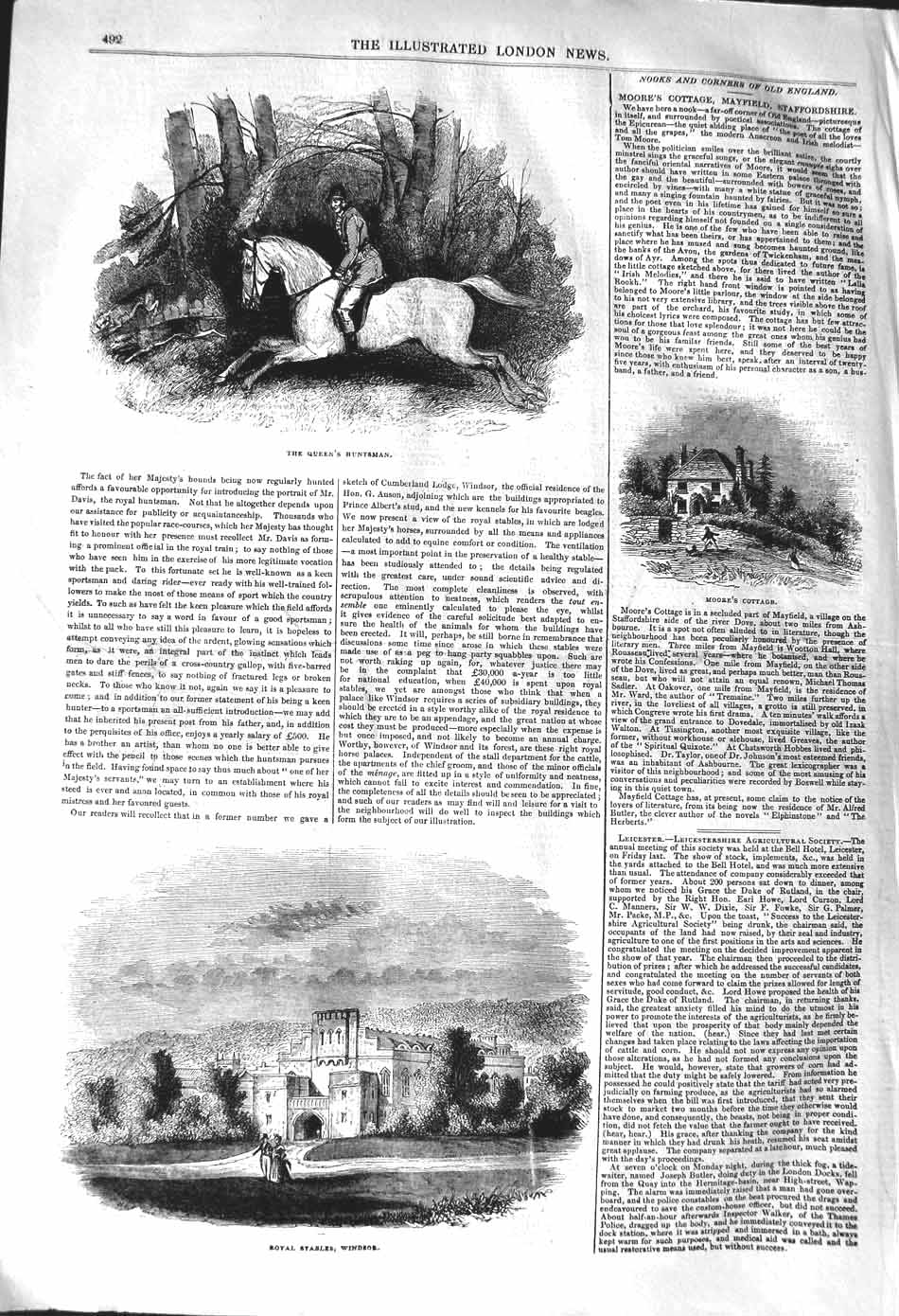 Old Antique Print 1842 Queen'S Huntsman Moore'S Cottage Stables Windsor 19th