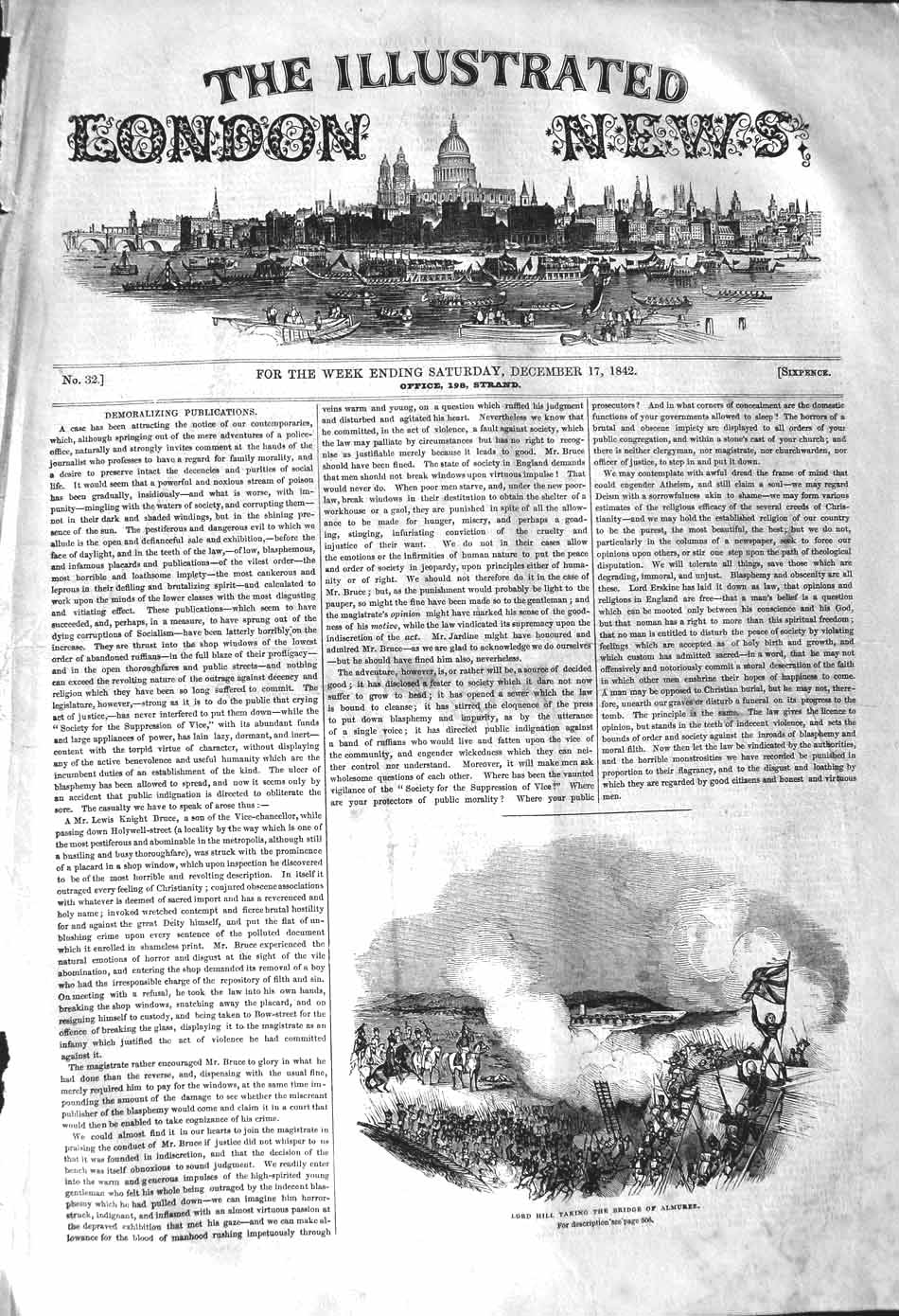 Old Antique Print 1842 War Scene Lord Hill Taking Bridge Almurez Battle 19th