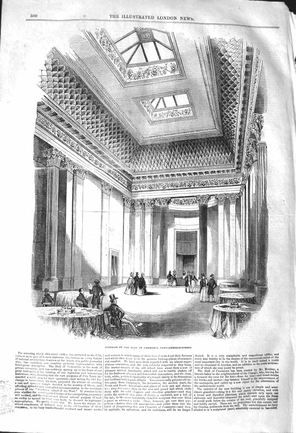 Original Old Antique Print 1842 View Interior Hall Commerce Threadneedle Street