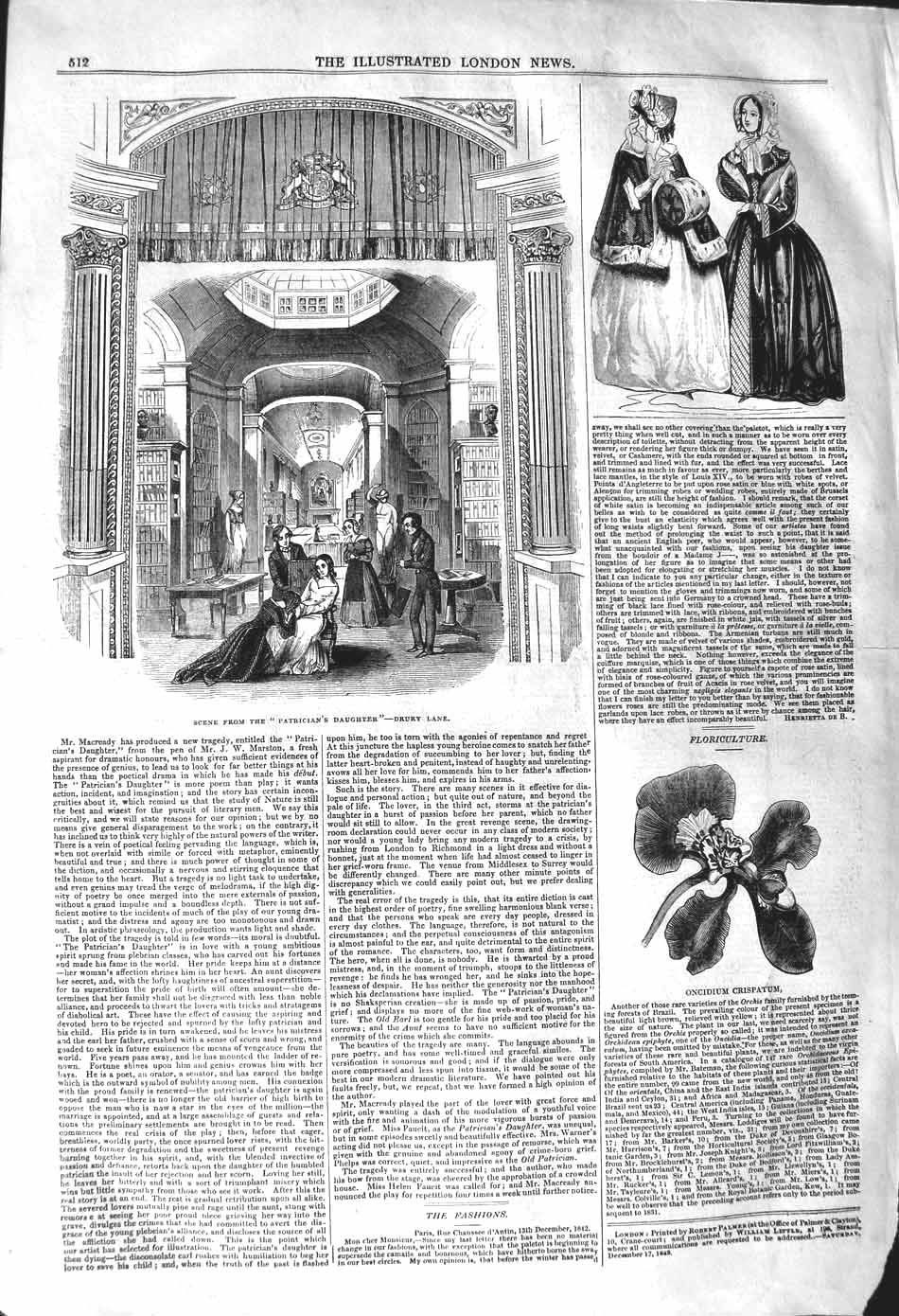 Old Antique Print 1842 Patrician'S Daughter Drury Lane Theatre Crispatum 19th