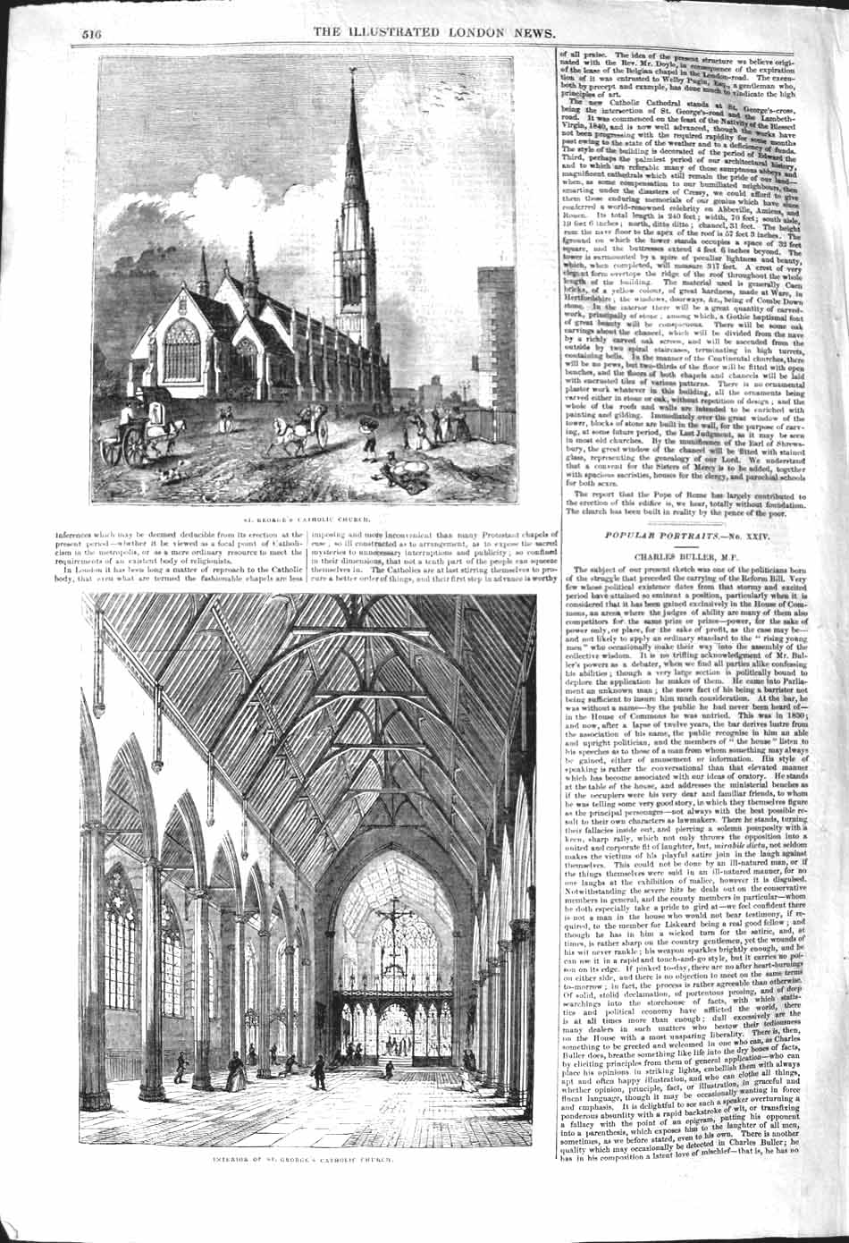 Original Old Antique Print 1842 St. George'S Catholic Church Archi Victorian