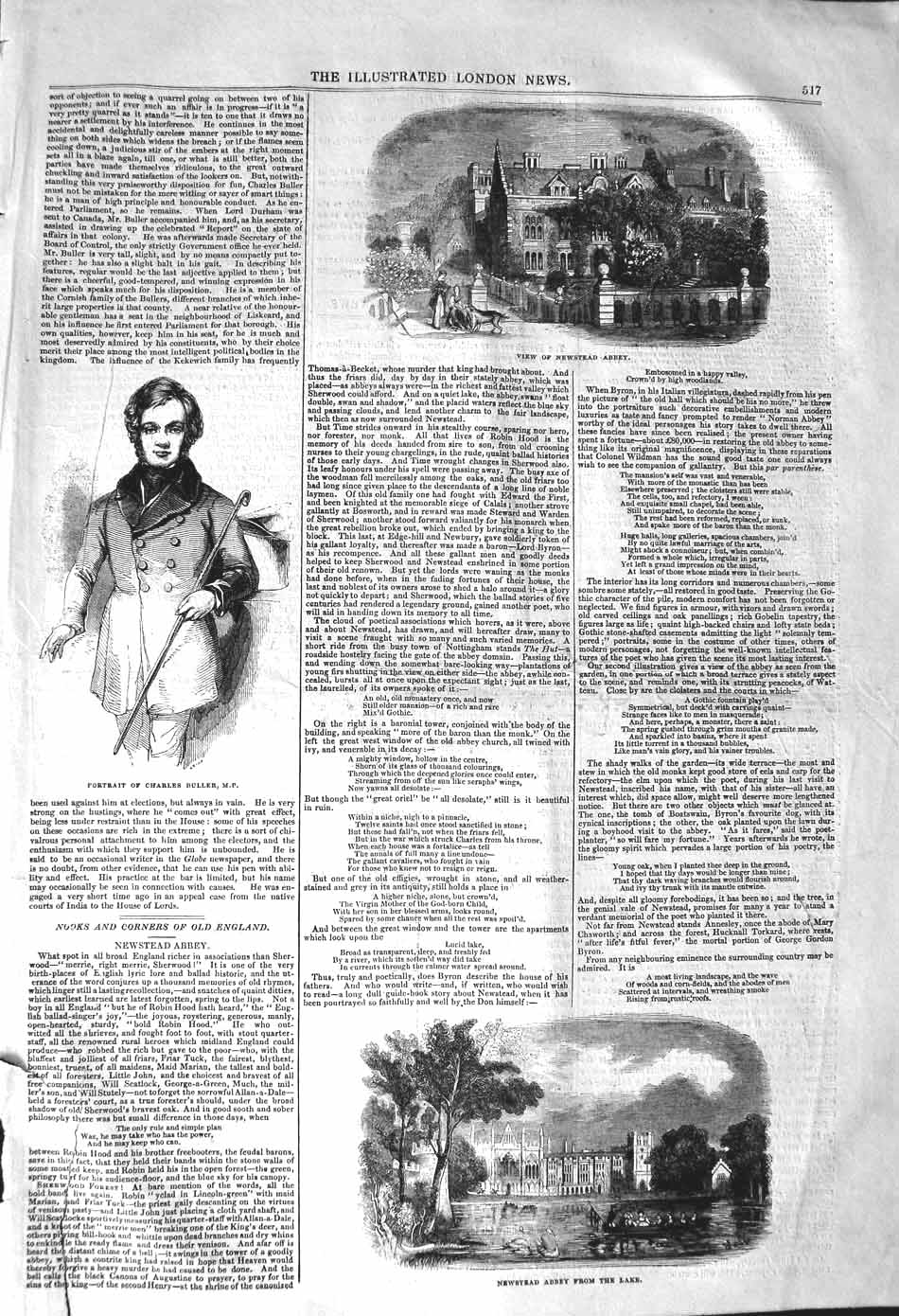 Original Old Antique Print 1842 Newstead Abbey Lake Portrait Charles Victorian