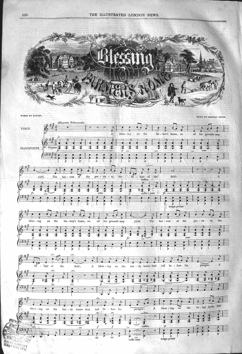Original Old Antique Print 1842 Sheet Music Blessing Farmers Home Bayley Cooke