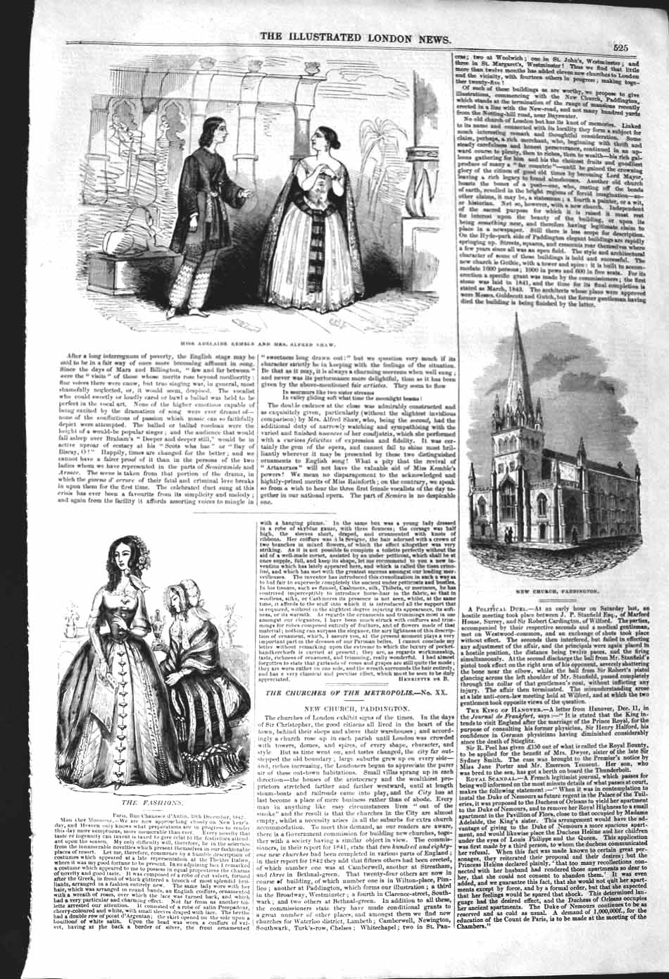 Original Old Antique Print 1842 Church Paddington Adelaide Kemble Alfr Victorian