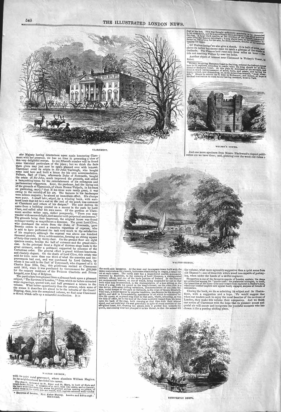 Original Old Antique Print 1842 Claremont Wolsey Shepperton Walton Church 19th