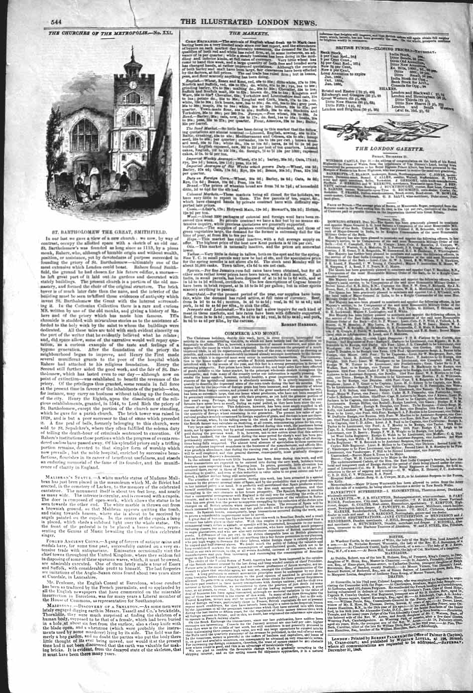 Original Old Antique Print 1842 St. Bartholomew Great Smithfield 19th