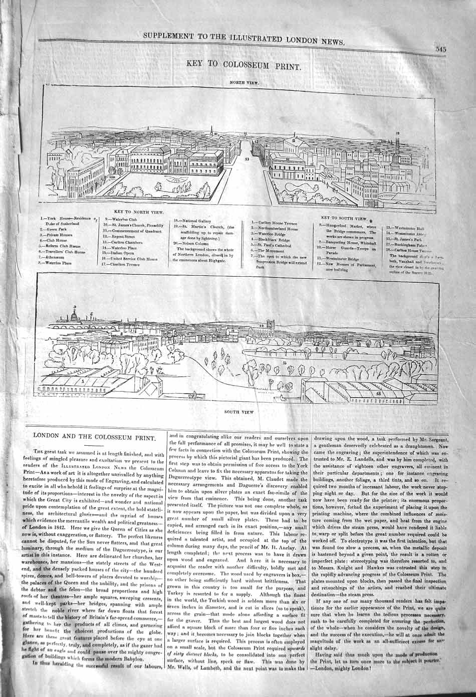 Old Antique Print 1842 Key London Colosseum Waterloo Nelson Westminster 19th