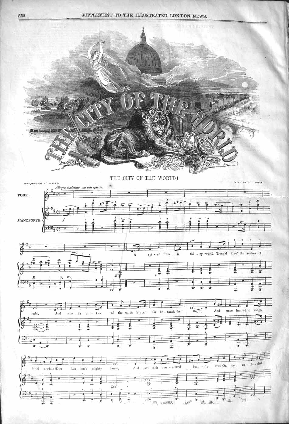 Original Old Antique Print 1842 Sheet Music The City The World Bayley Loder