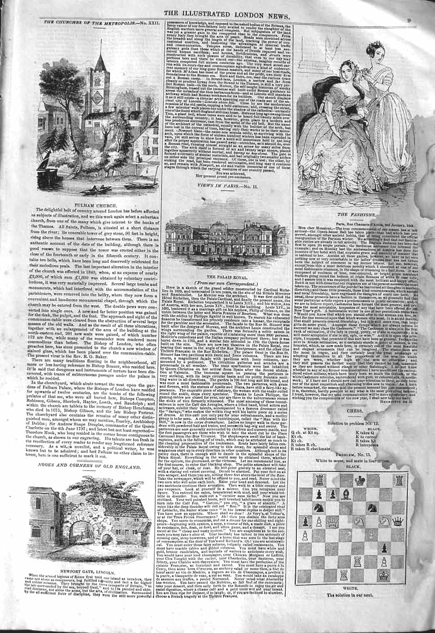 Original Old Antique Print 1843 Fulham Church Palais Royal Newport Gate Lincoln