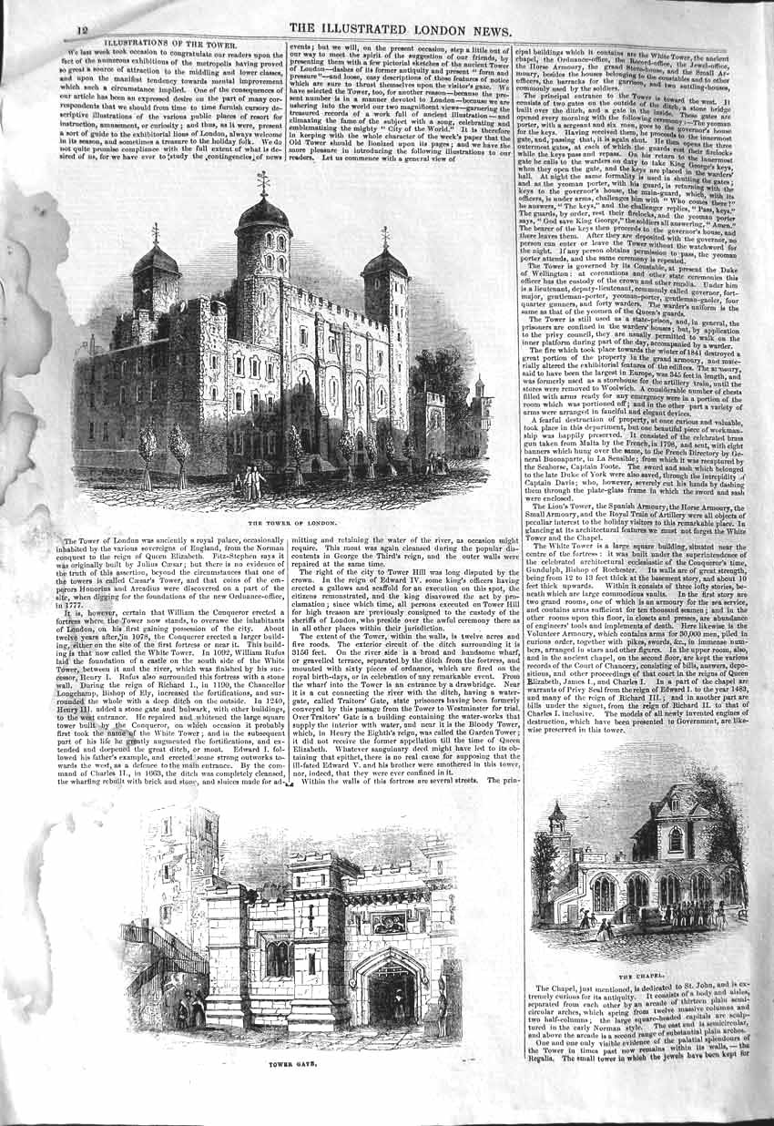Original Old Antique Print 1843 Tower London Chapel Tower Gate Architecture