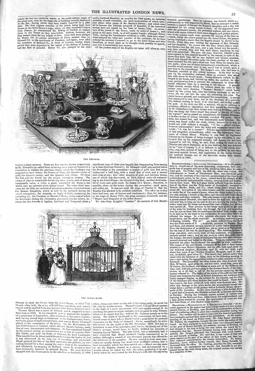 Original Old Antique Print 1843 Queen Regalia Jewel Room Tower London Victorian