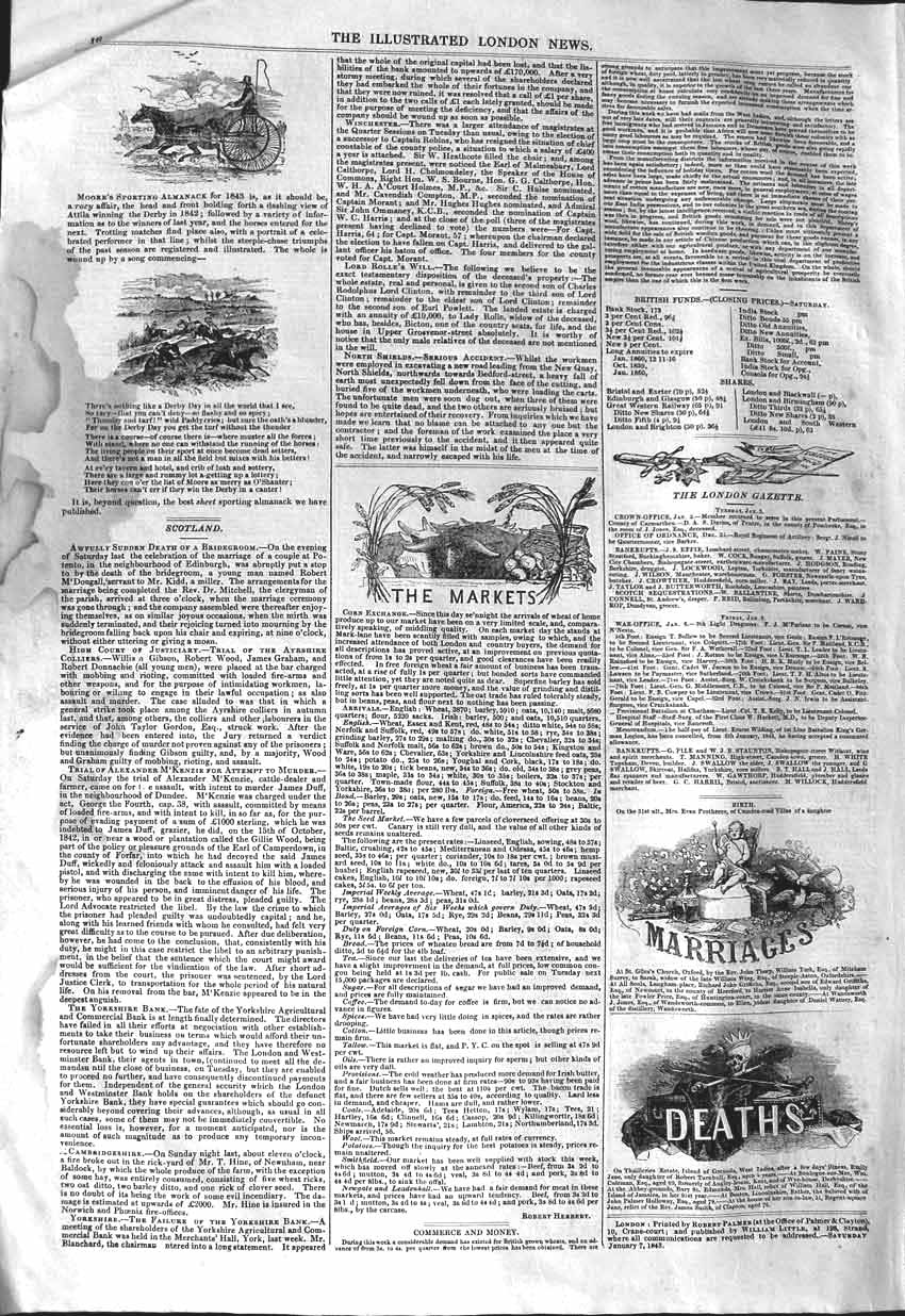 Original Old Antique Print 1843 Horse Racing Births Marriages Deaths Markets