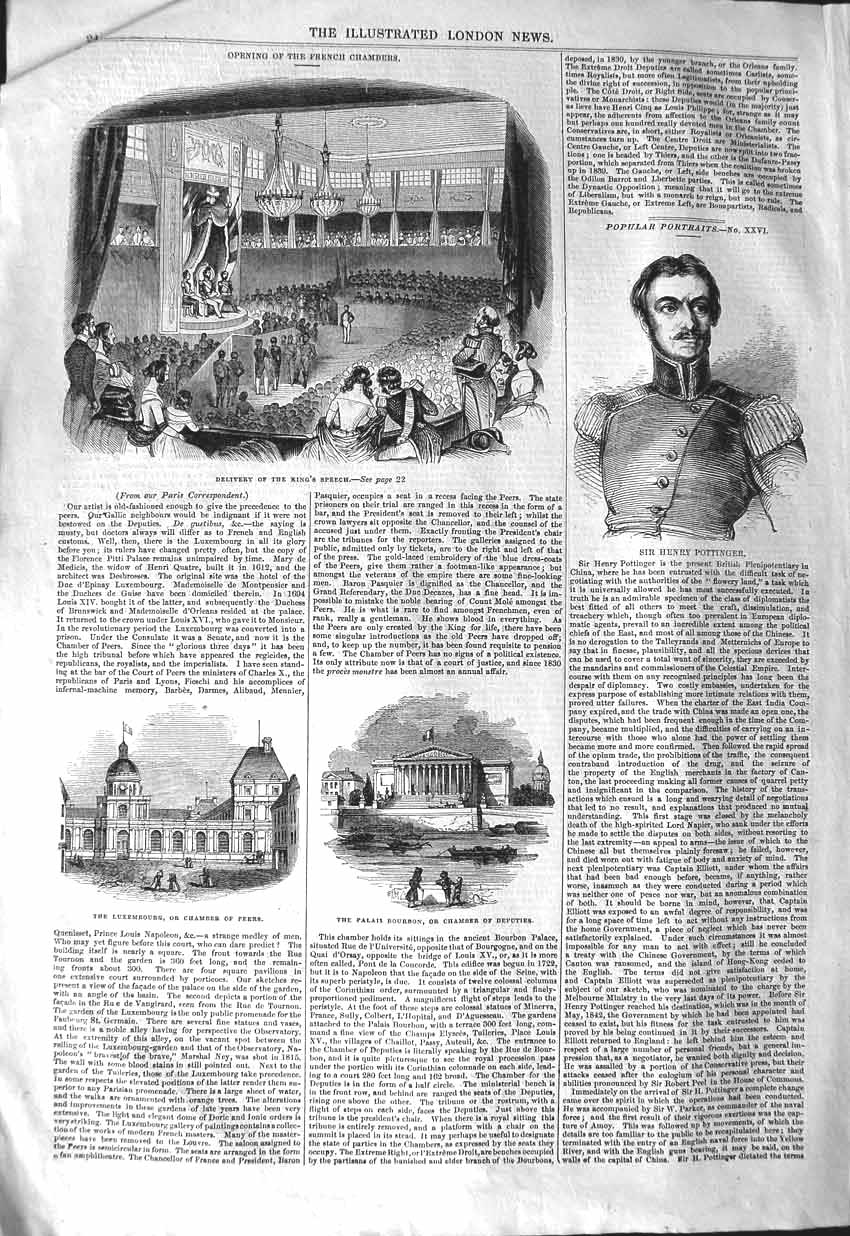 Old Antique Print 1843 Henry Pottinger King Speech Chamber Peers Bourbon 19th