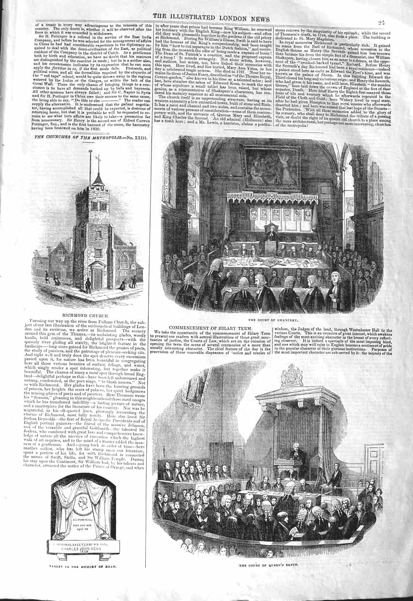 Original Old Antique Print 1843 Court Chancery Richmond Church Queen'S Bench