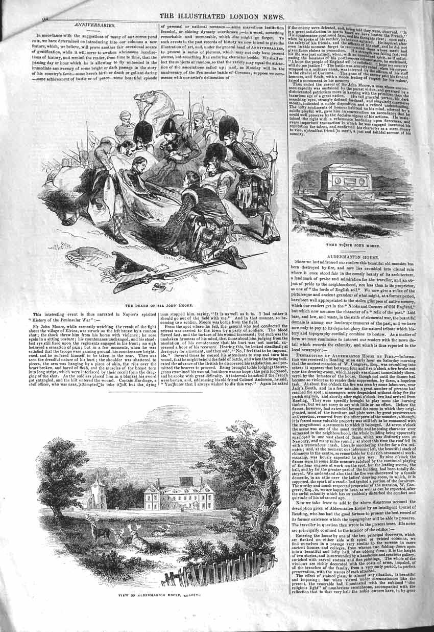 Original Old Antique Print 1843 Tomb Sir John Moore Scene Death Aldermasto 19th
