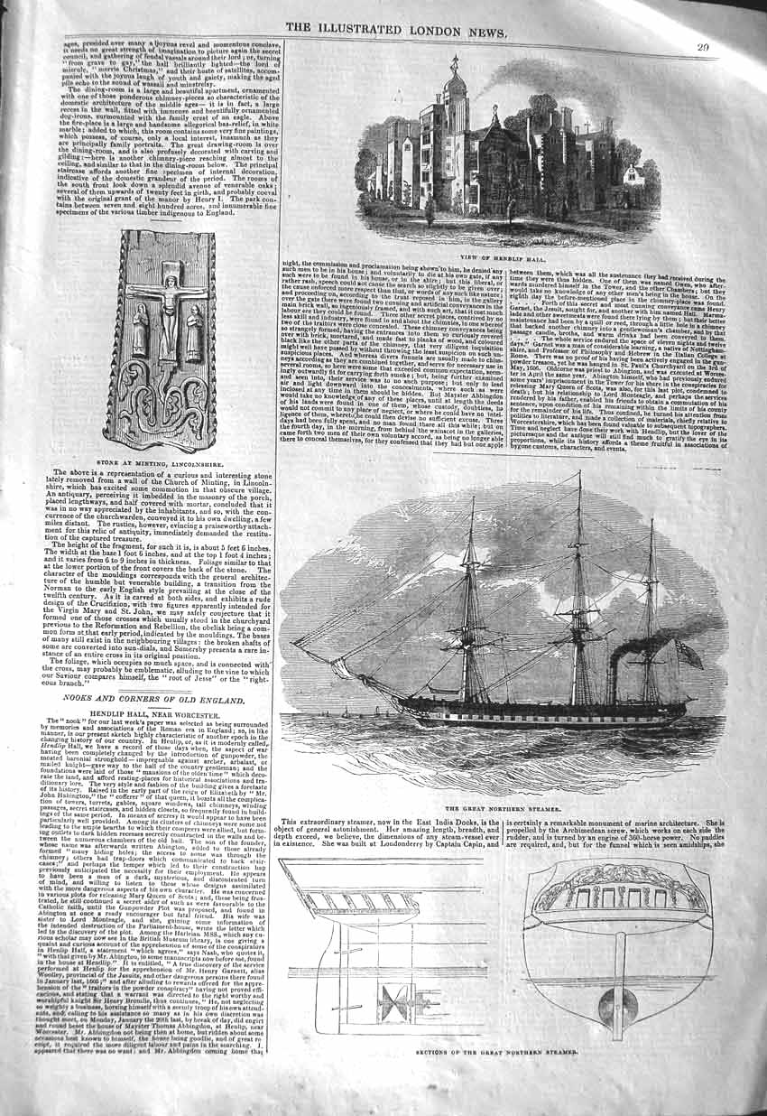 Original Old Antique Print 1843 View Hendlip Hall Great Northern Steamer Ship