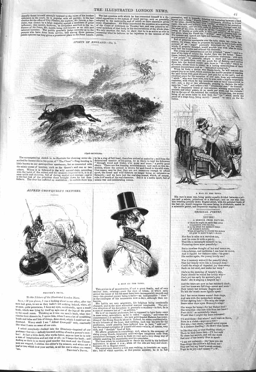 Original Old Antique Print 1843 Stag Hunting Sport England Portrait Man Town