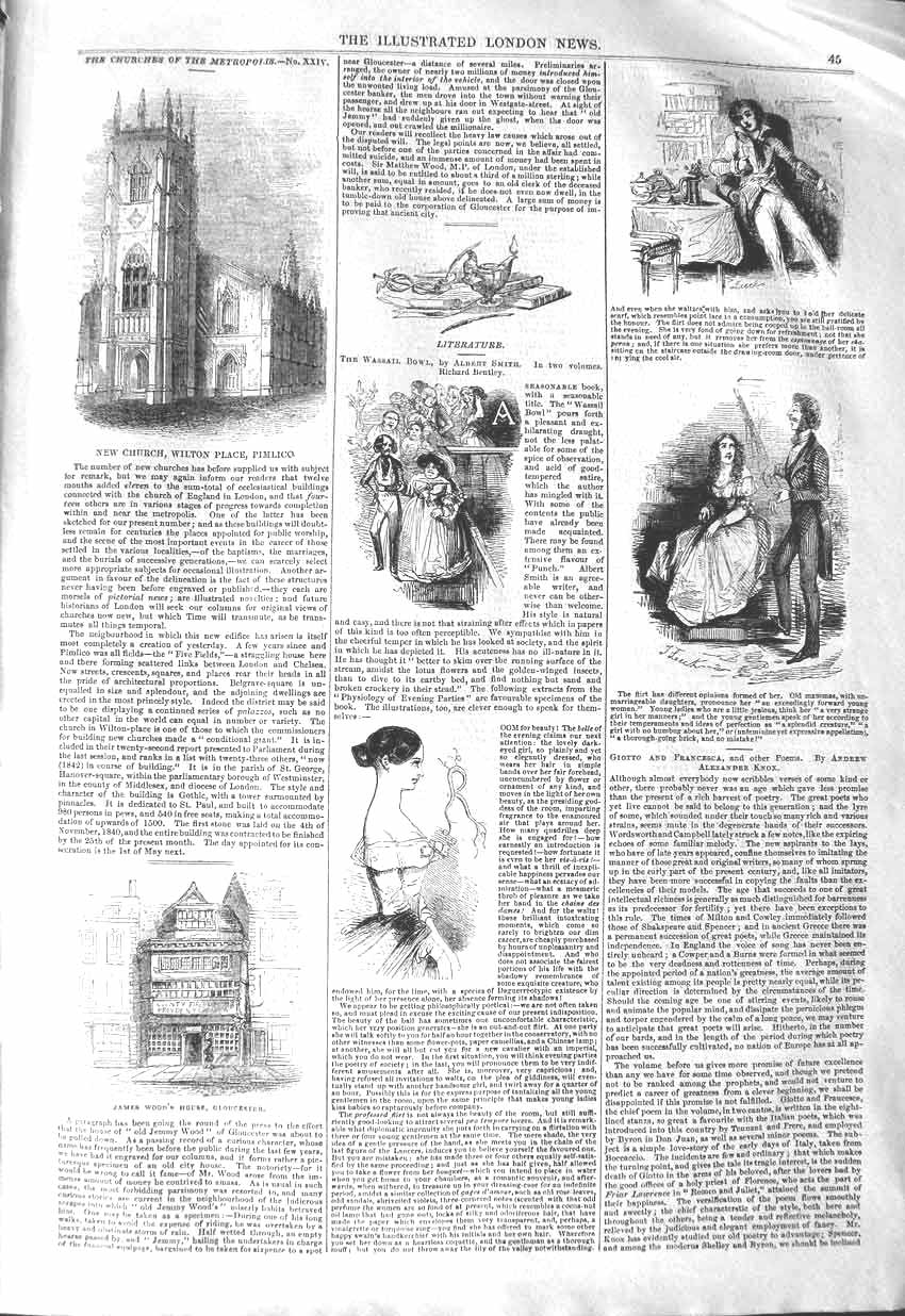 Old Antique Print 1843 Church Wilton Pimlico James Wood Gloucester House 19th
