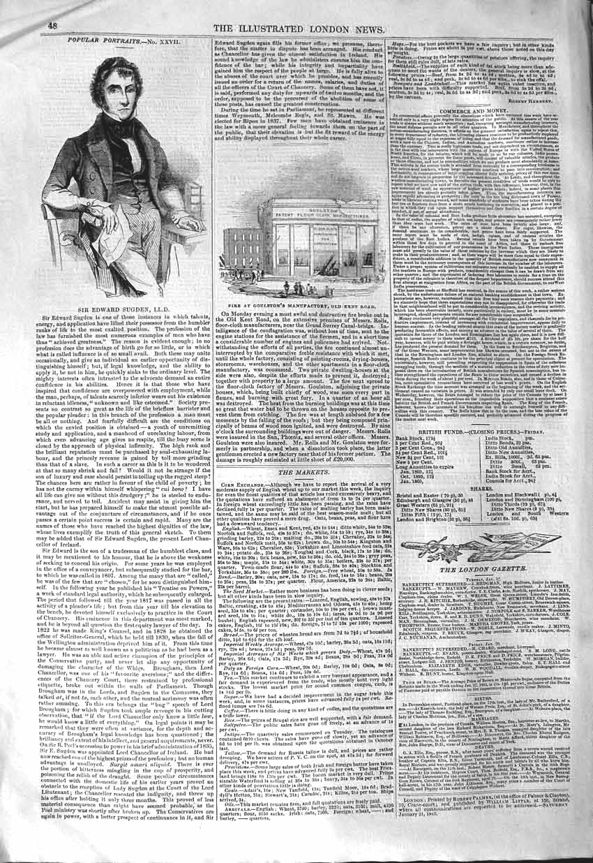 Original Old Antique Print 1843 Portrait Sir Edward Sugden Goulston Manufactory