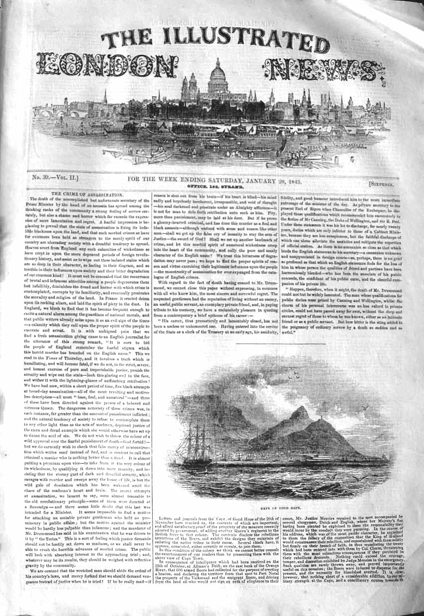 Original Old Antique Print 1843 View Cape Good Hope Ships Mo 19th
