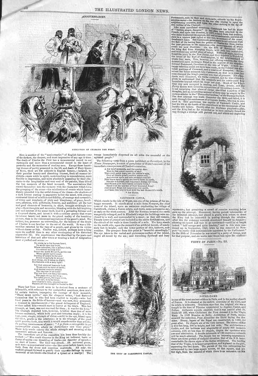Original Old Antique Print 1843 Execution Charles Carisbrook Castle Notre-Dame