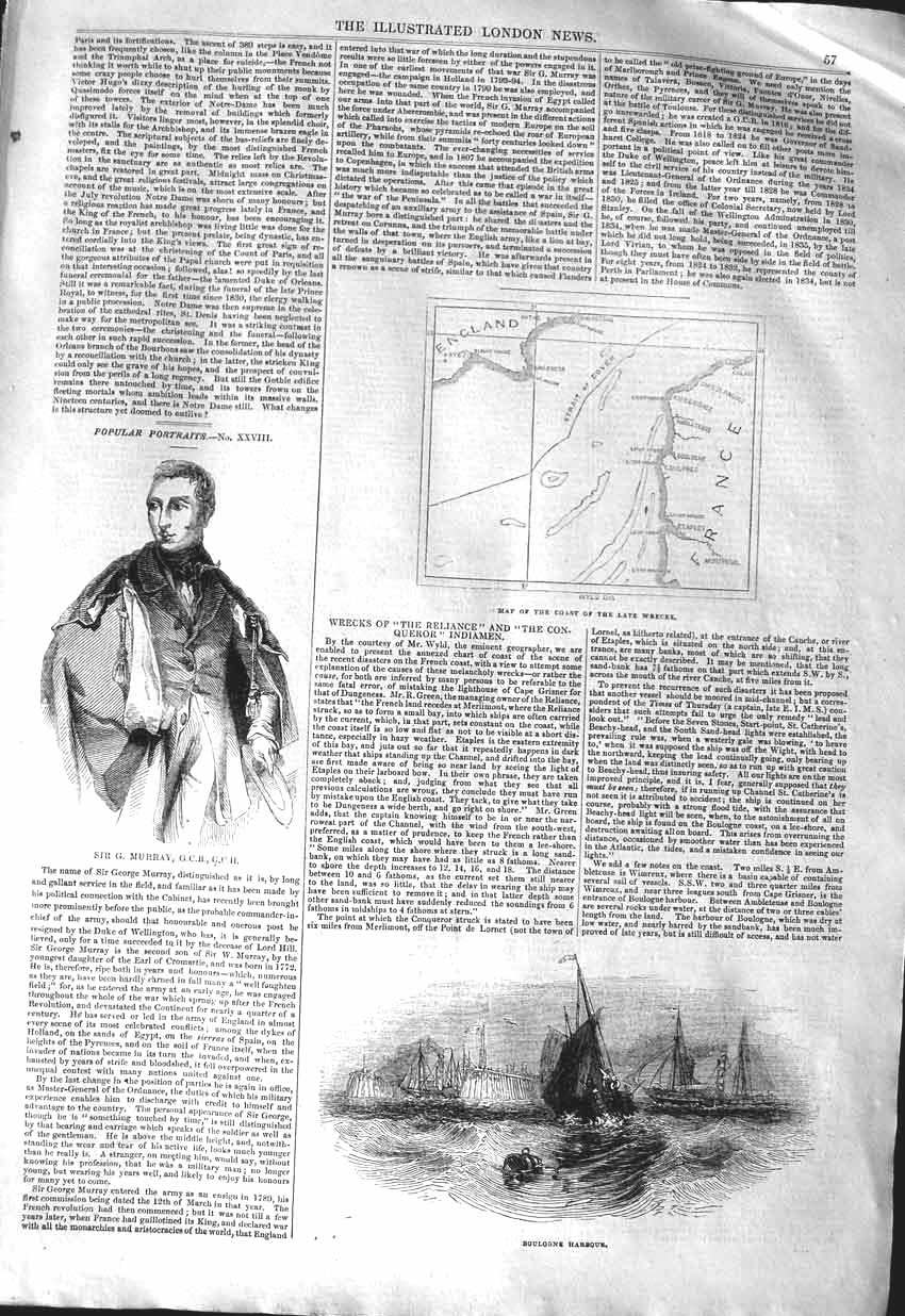 Old Antique Print 1843 Portrait Murray Boulogne Harbour Map Ship Wrecks 19th