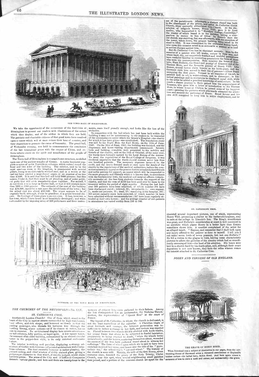 Old Antique Print 1843 Hall Birmingham Catherine'S Cree Grace Robin Hood 19th