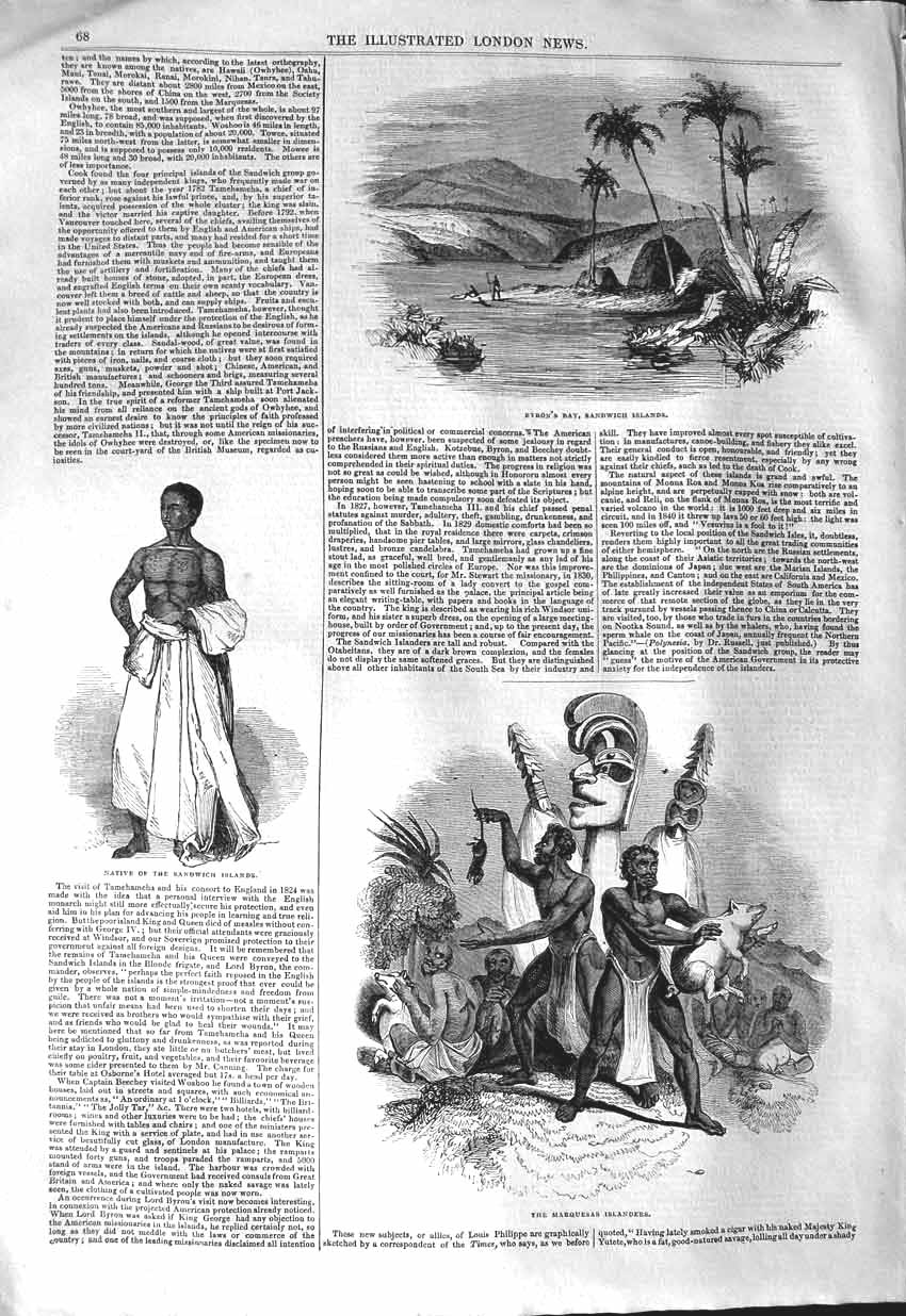 Original Old Antique Print 1843 Byron Bay Sandwich Islands Marquesas Is 19th