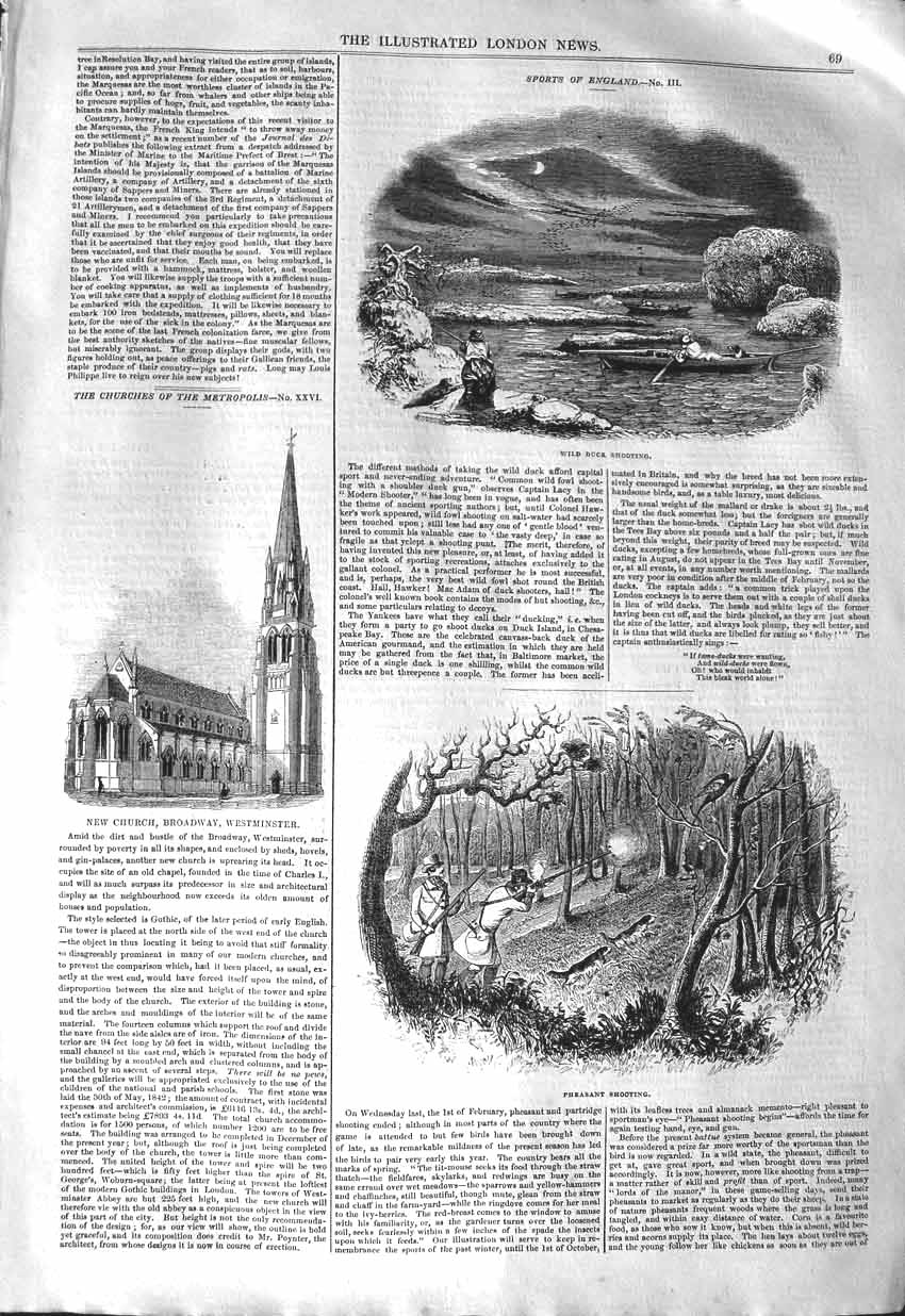Original Old Antique Print 1843 Wild Duck Shooting Pheasant Church West 19th