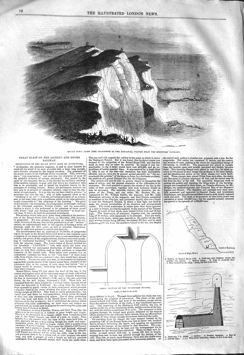 Original Old Antique Print 1843 London Dover Railway Round Down Cliff Shak 19th