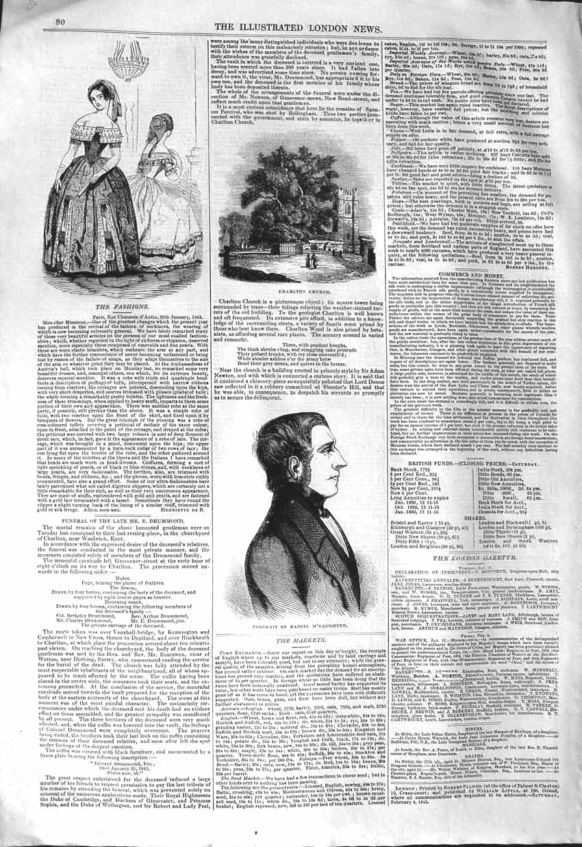 Old Antique Print 1843 Portait Daniel M'Naughten Charlton Church Fashion 19th