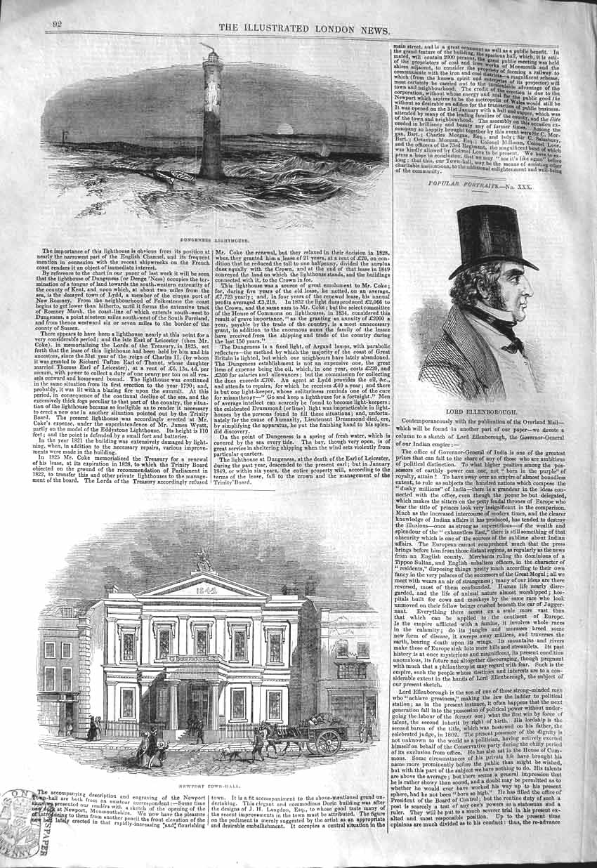 Original Old Antique Print 1843 Dungeness Lighthouse Ellenborough Newport Hall