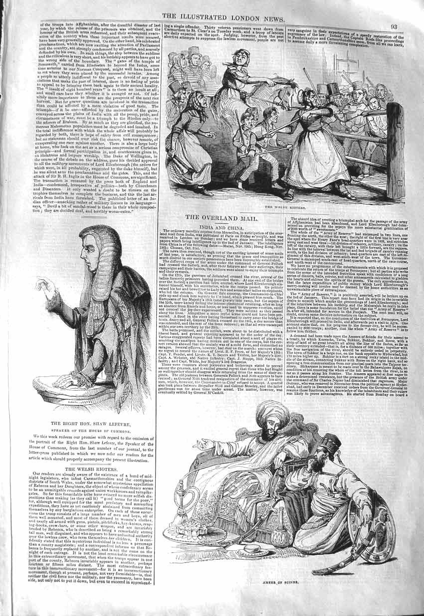Original Old Antique Print 1843 Shaw Lefevre Commons Ameer Scinde Welsh Rioters