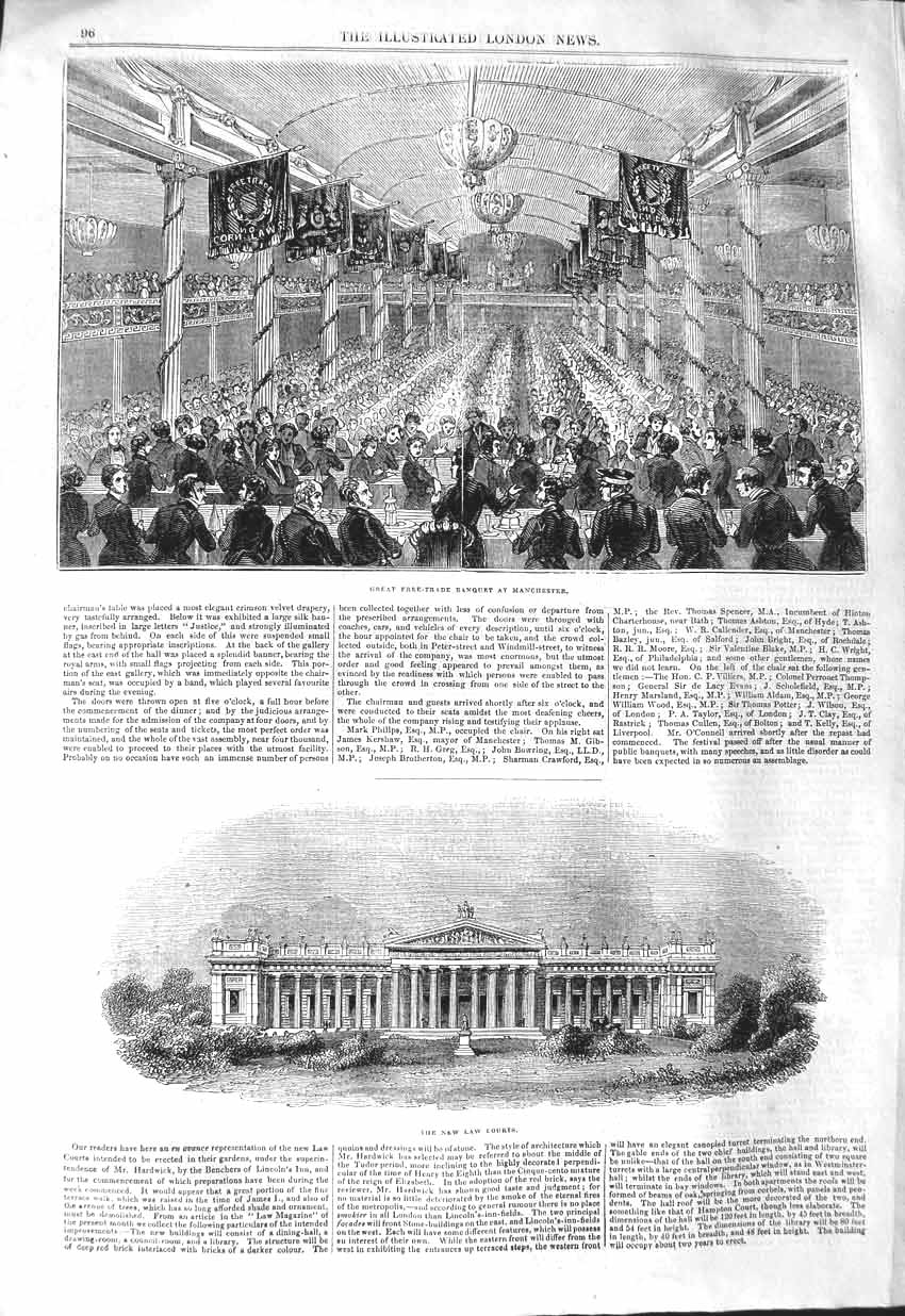 Original Old Antique Print 1843 Free-Trade Banquet Manchester New Law Courts