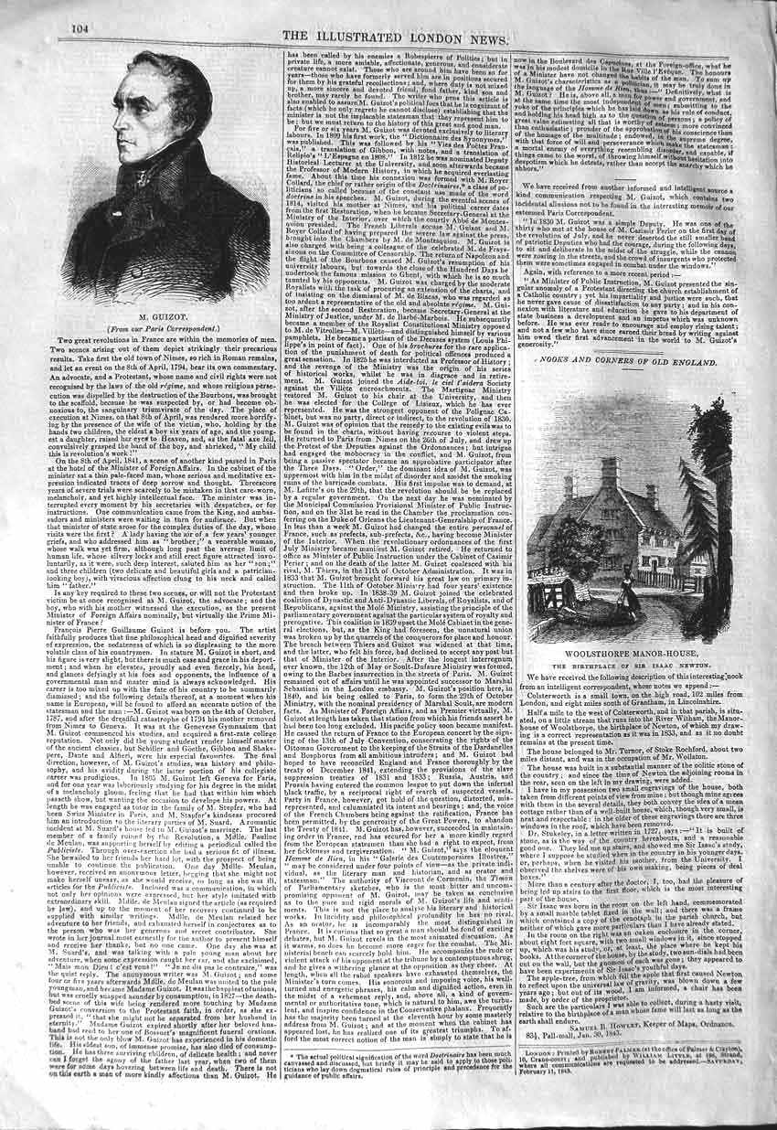 Original Old Antique Print 1843 Portrait Guizot Woolsthorpe Manor-House Newton