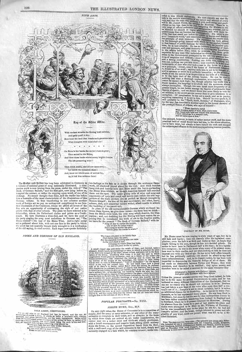 Original Old Antique Print 1843 Portrait Mr. Hume Dale Abbey Derbyshire Ruins