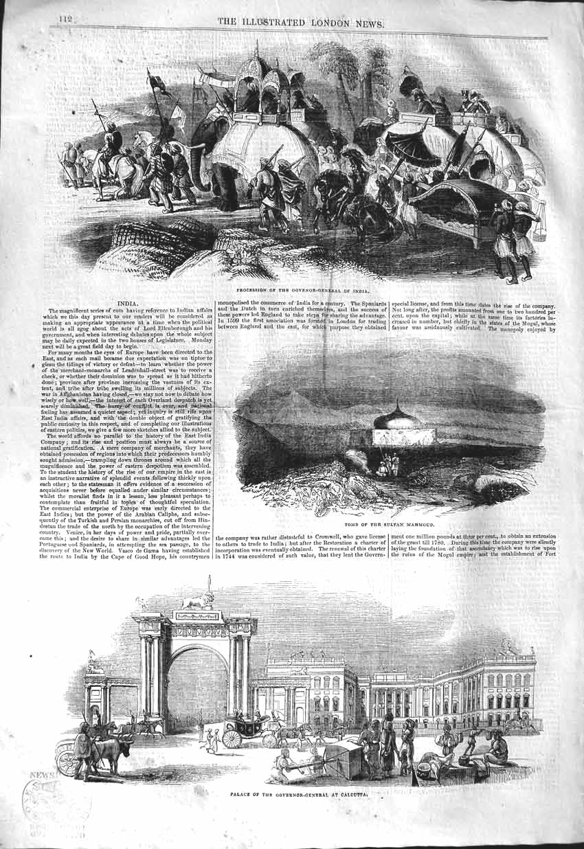 Original Old Antique Print 1843 Tomb Sultan Mahmoud Palace Governor Calcutta