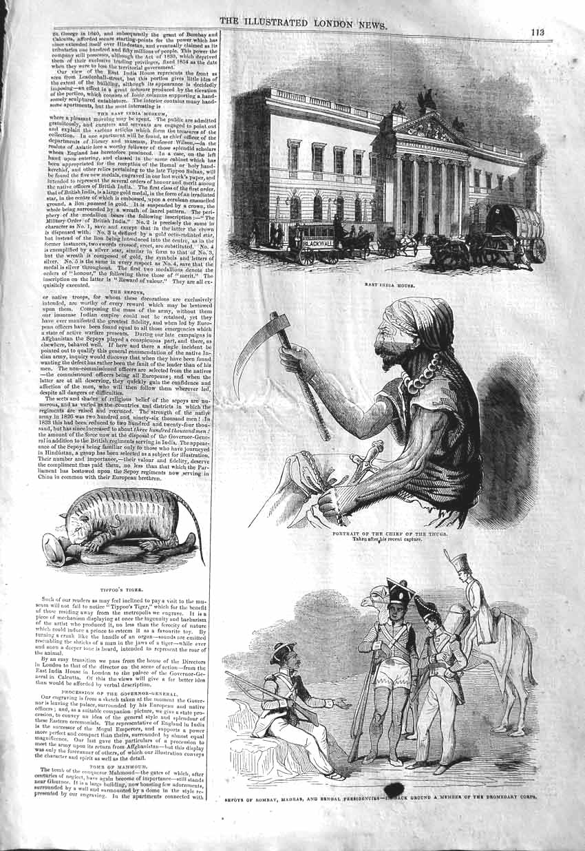 Old Antique Print 1843 East India House Thugs Sepoy Bombay Dromedary Corp 19th
