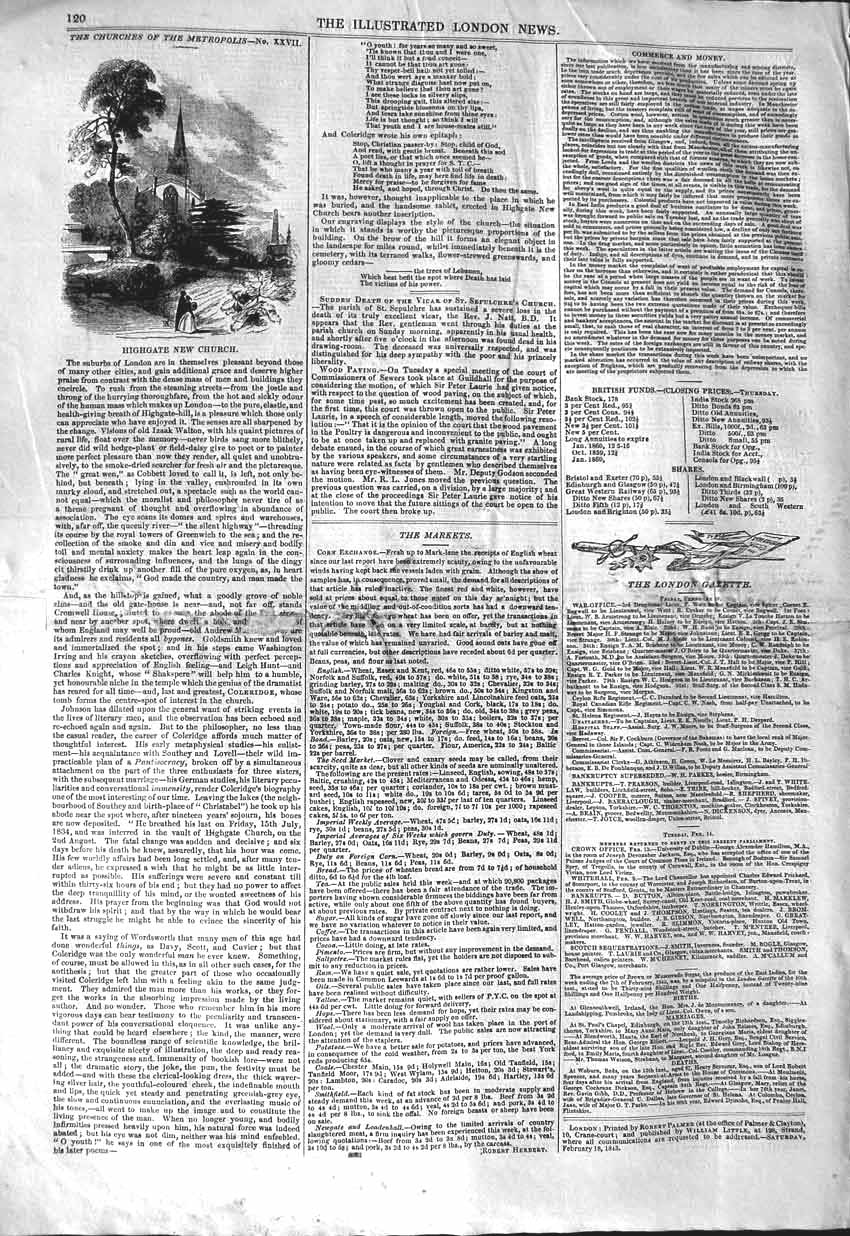 Original Old Antique Print 1843 Highgate New Church Met 19th Century
