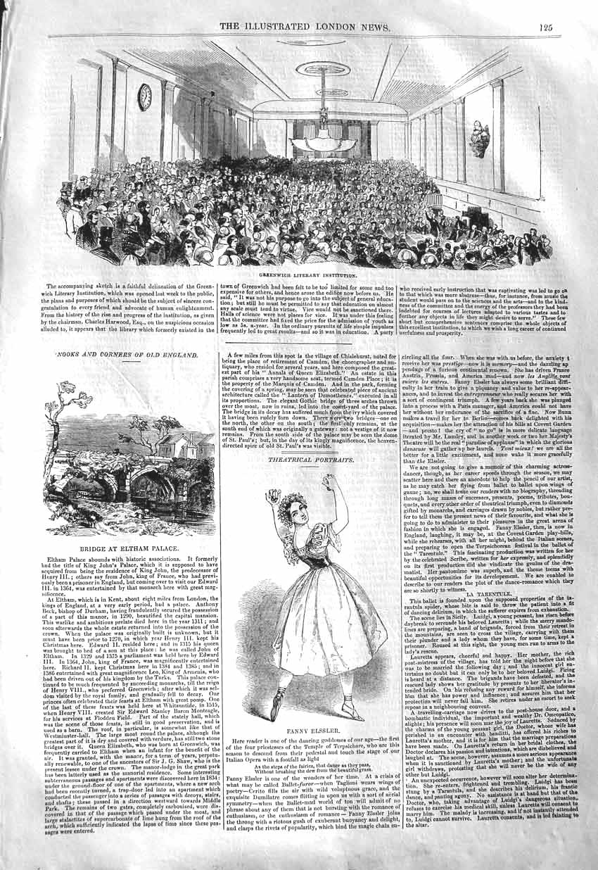 Original Old Antique Print 1843 Greenwich Literary Institution Fanny Victorian