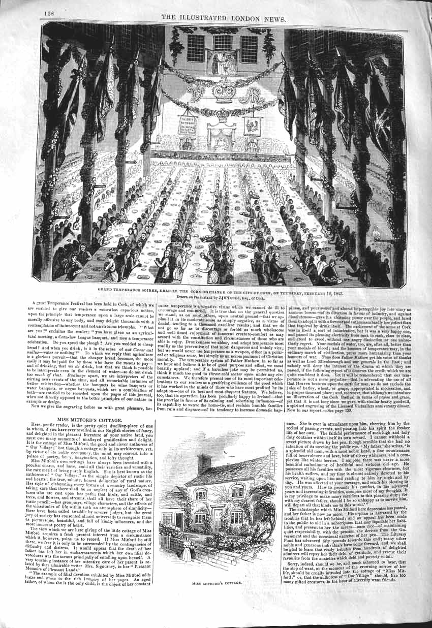 Original Old Antique Print 1843 Mitford Cottage Temperance Soiree Corn Exchange