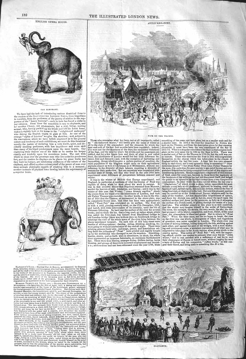 Old Antique Print 1843 Fair River Thames Elephant English Opera Glaciarum 19th